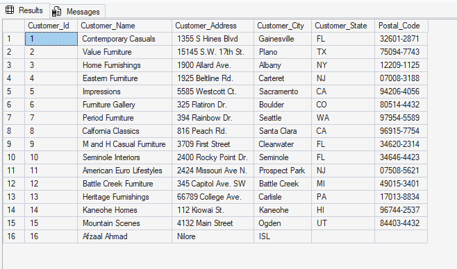 Customer table after addition